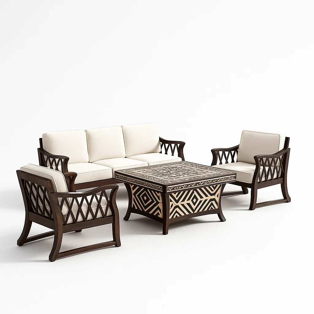 Set divano da terrazza in legno massello con cuscini e tavolino-granddecora