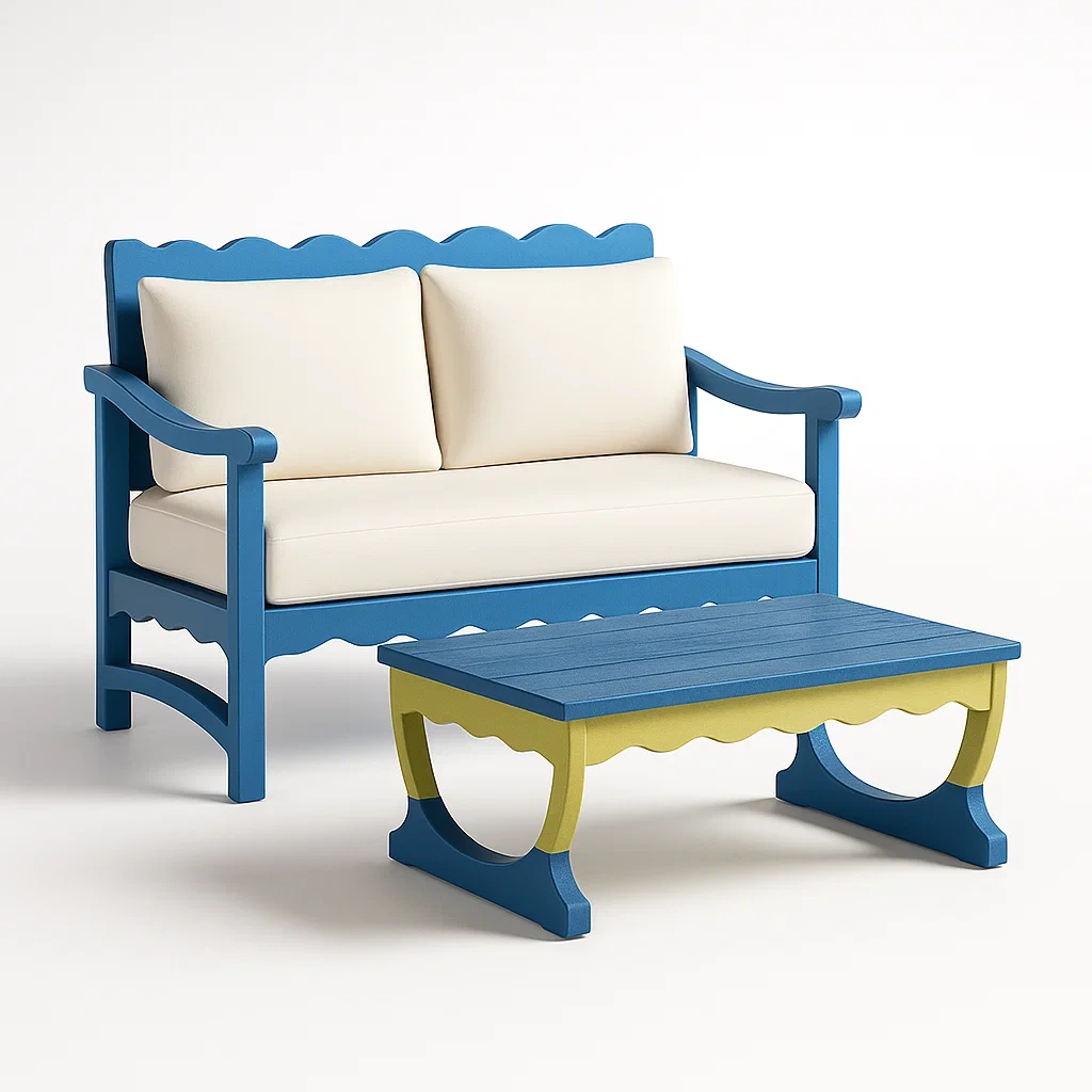 Set divano da soggiorno a due posti con tavolino in legno massello-granddecora