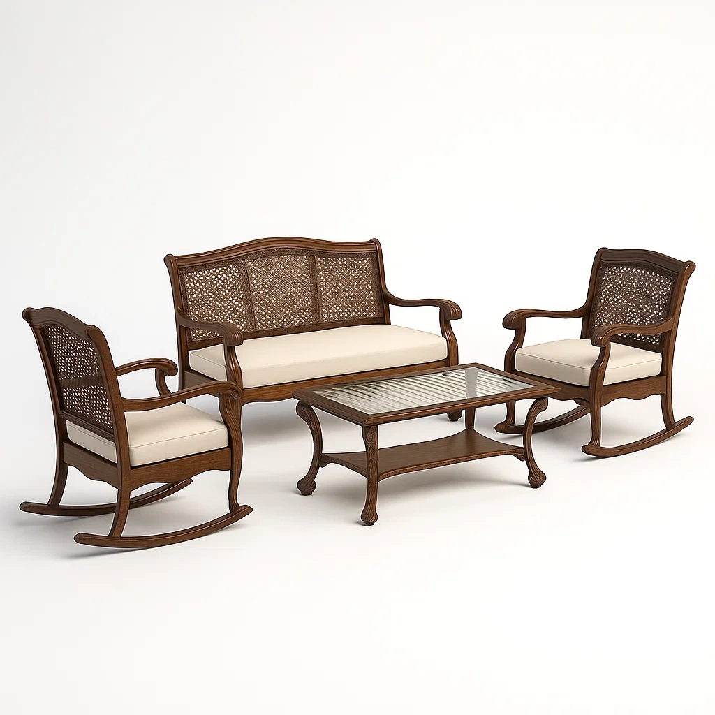 Set da terrazza in legno con divano,poltrona, tavolino da caffè e cuscini di seduta-granddecora