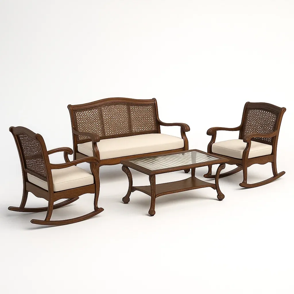 Set da terrazza in legno con divano,poltrona, tavolino da caffè e cuscini di seduta-granddecora