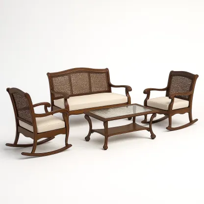 Set da terrazza in legno con divano,poltrona, tavolino da caffè e cuscini di seduta-granddecora