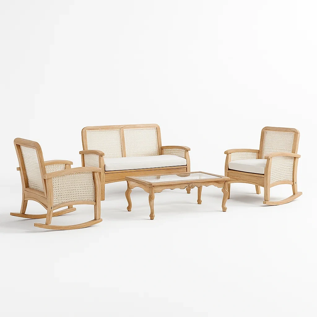 Set divano da terrazza in legno e vimini-granddecora