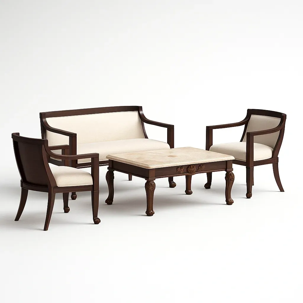 Set divano da soggiorno in legno con tessuto in lino e tavolino in marmo-granddecora