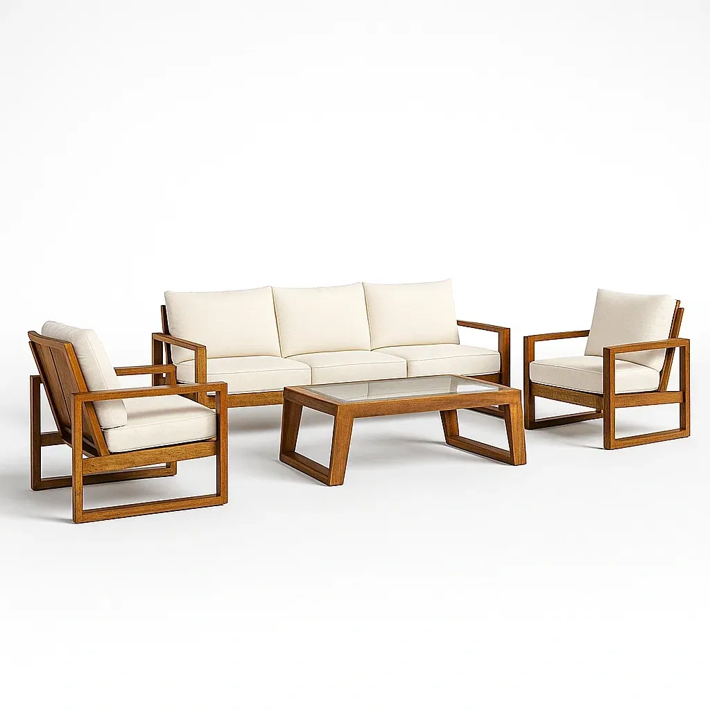 Set divano da terrazza in legno con cuscini in tessuto-granddecora