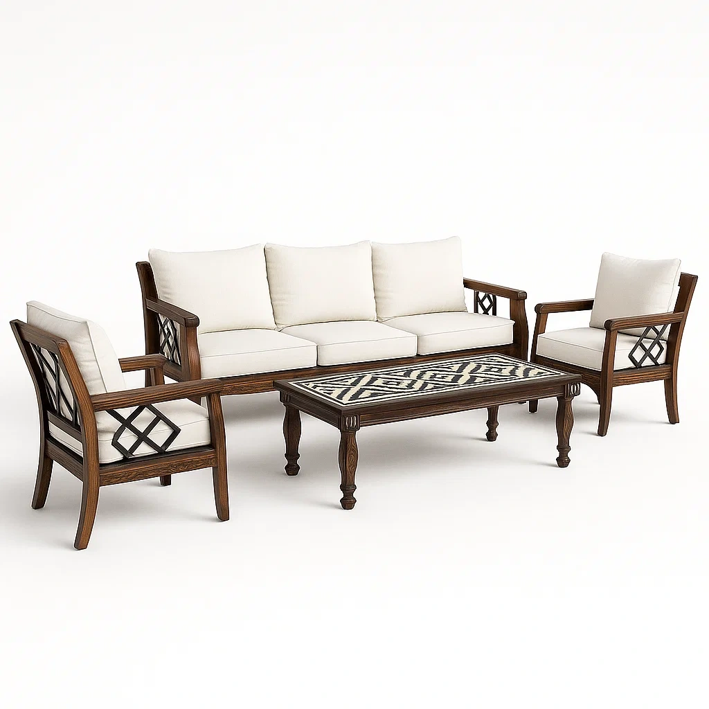 Set divano da terrazza in legno e tessuto con tavolino-granddecora