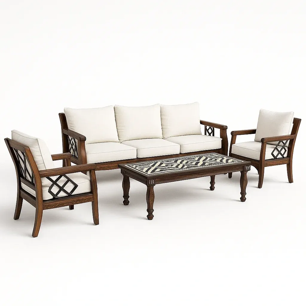 Set divano da terrazza in legno e tessuto con tavolino-granddecora