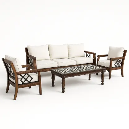 Set divano da terrazza in legno e tessuto con tavolino-granddecora