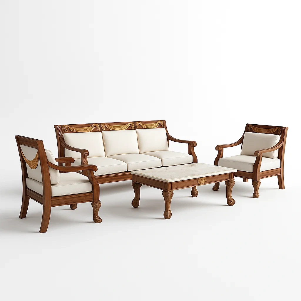 Set divano da soggiorno in legno e tessuto con divani e tavolino-granddecora