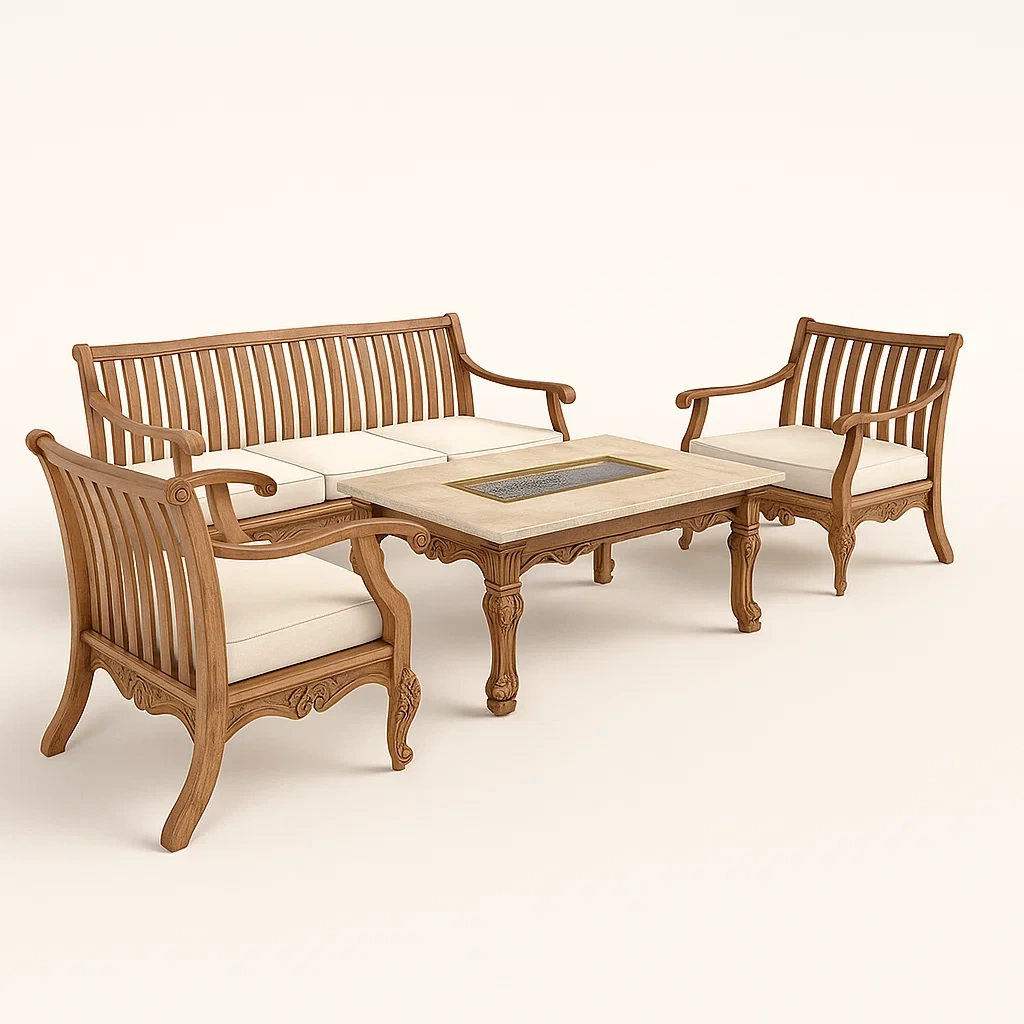 Set divano da terrazza in legno con divano,poltrone e tavolino con braciere-granddecora