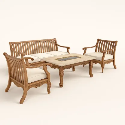 Set divano da terrazza in legno con divano,poltrone e tavolino con braciere-granddecora