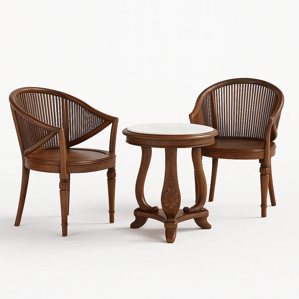 Set tavolo e sedie da terrazza in legno con tavolino rotondo in marmo-granddecora