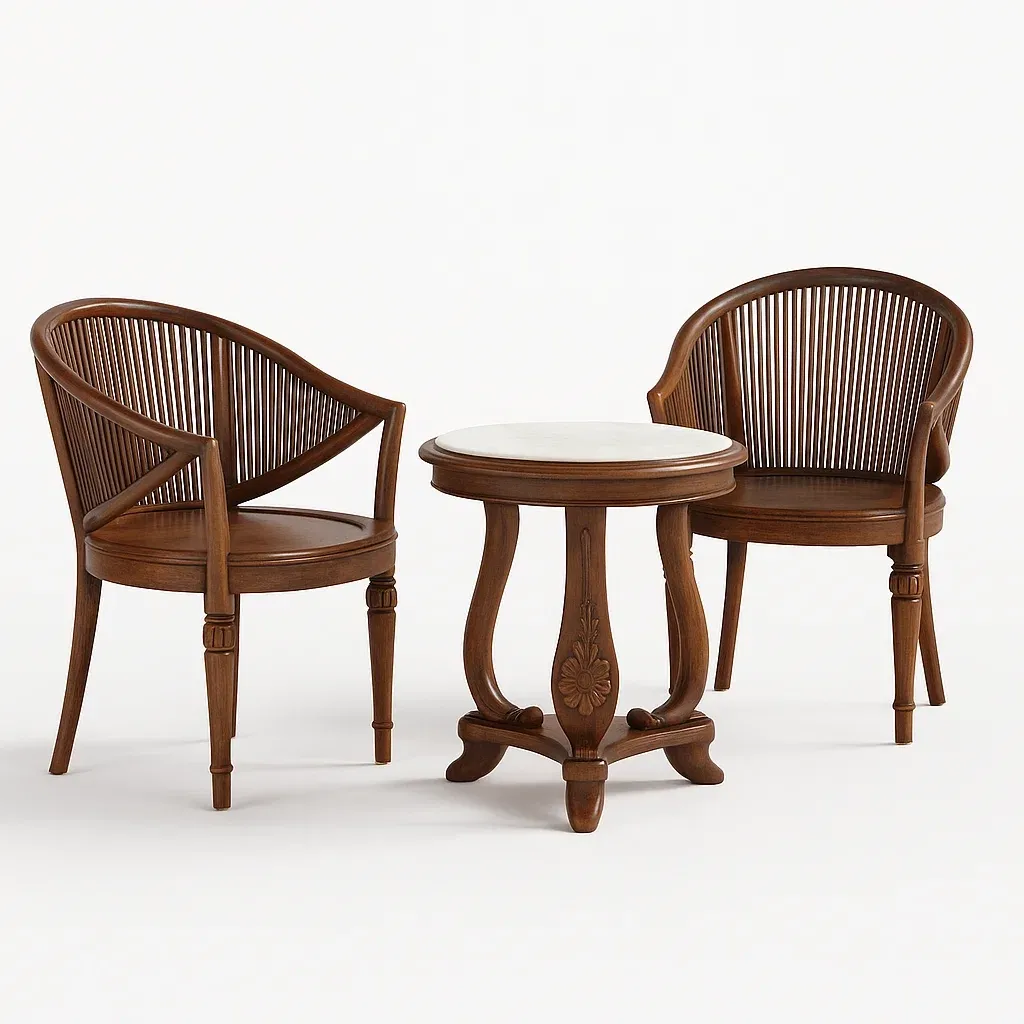 Set tavolo e sedie da terrazza in legno con tavolino rotondo in marmo-granddecora