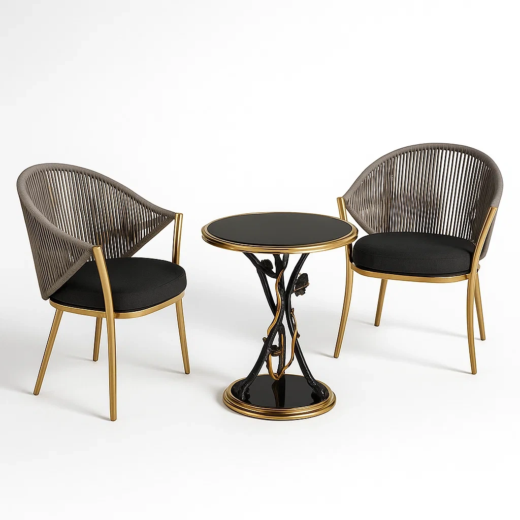 Set tavolo e sedie da terrazza in vetro e alluminio con sedie in corda e cuscini-granddecora