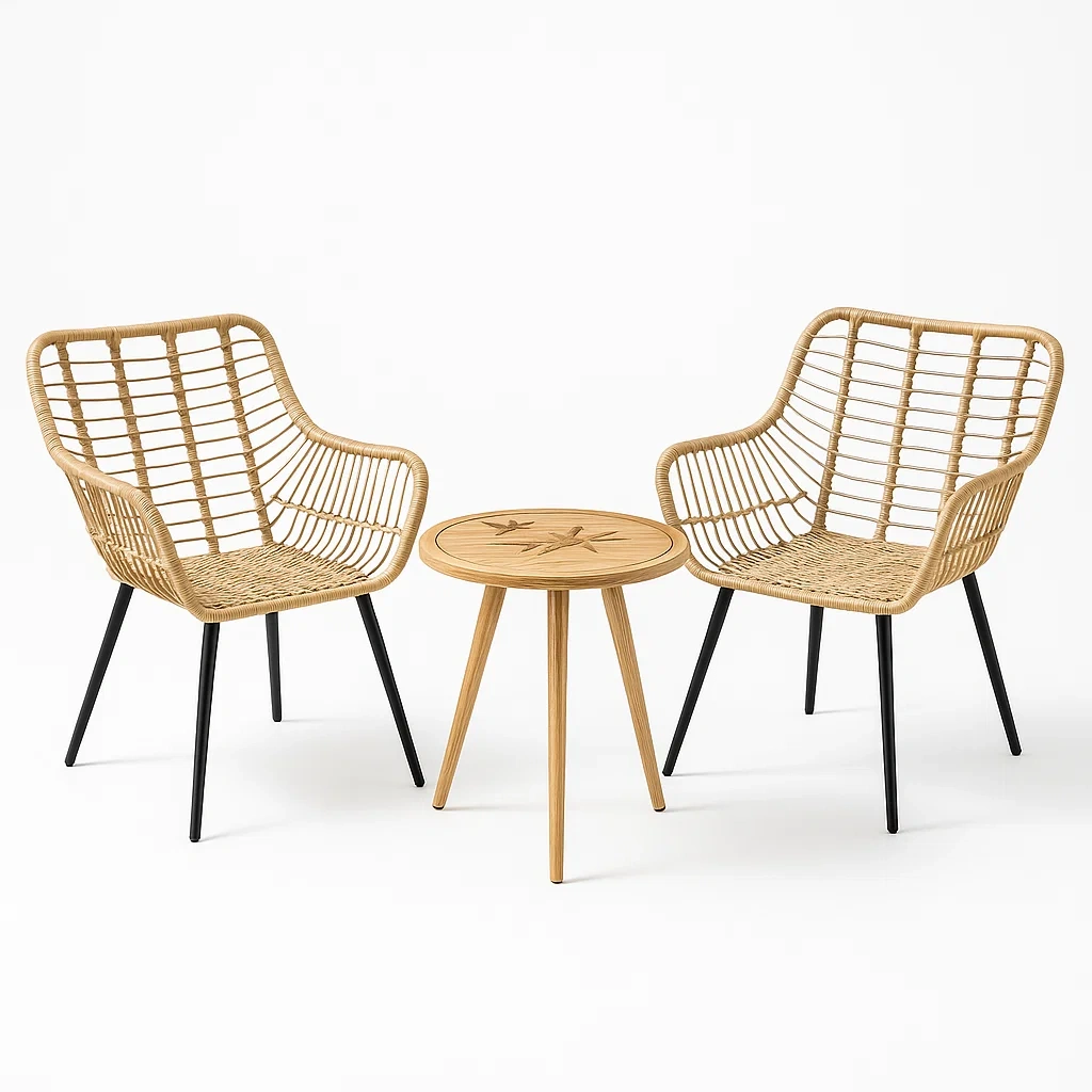 Set tavolo e sedie da terrazza in legno di acacia con sedie in rattan e gambe in metallo-granddecora