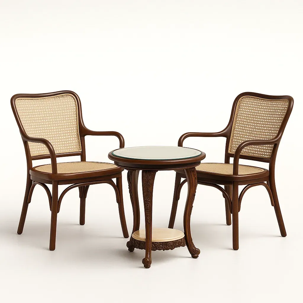 Set tavolo e sedie da terrazza in legno con schienale intrecciato e tavolino in vetro-granddecora