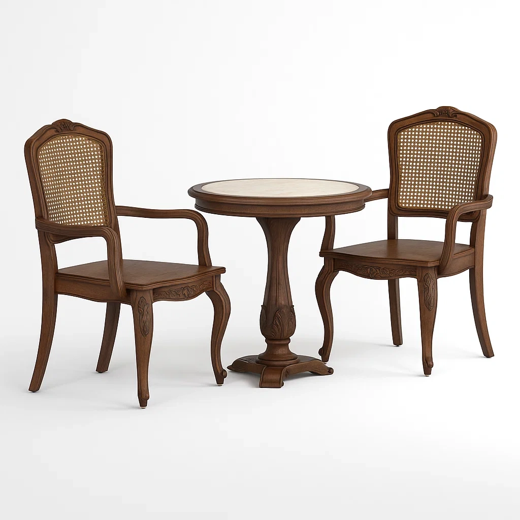 Set tavolo e sedie da terrazza in legno con sedie in vimini-granddecora