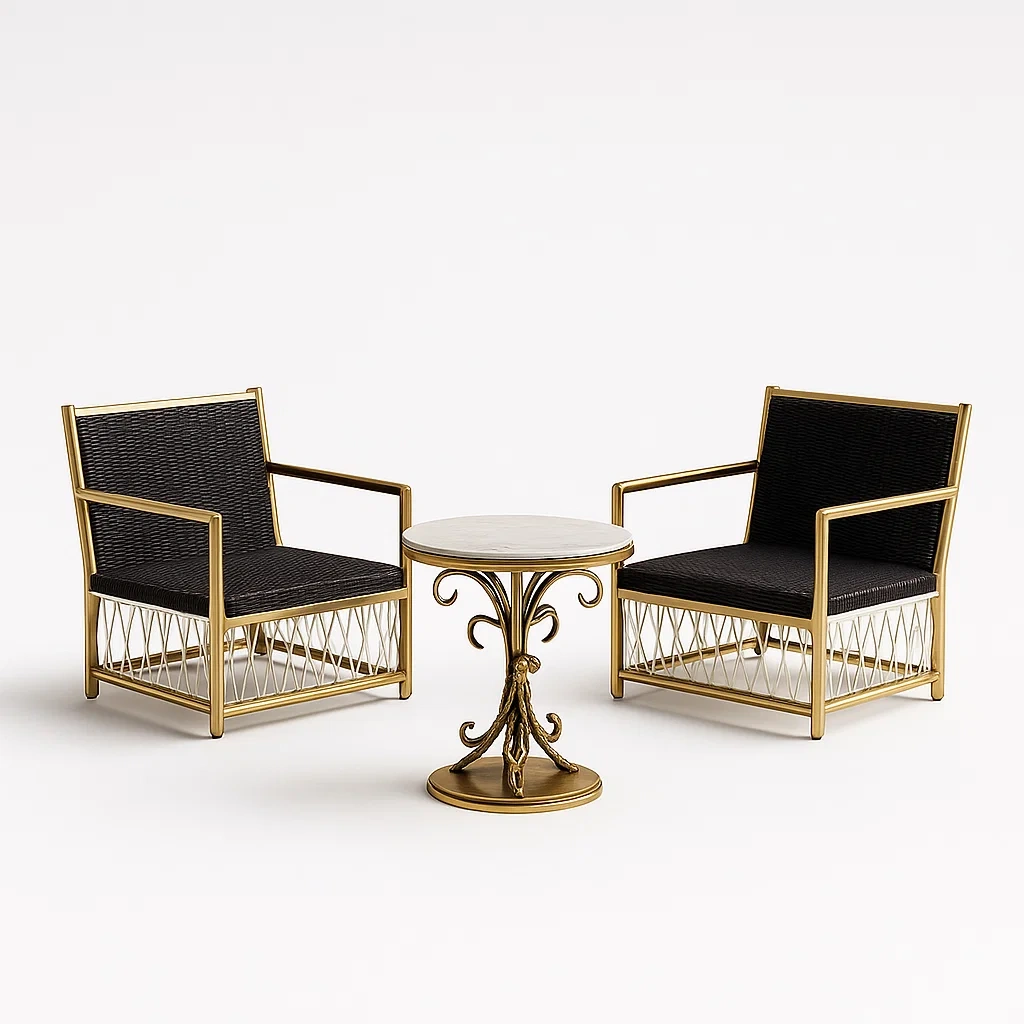 Set tavolo e sedie da terrazza con tavolino da caffè rotondo e poltrone con braccioli-granddecora