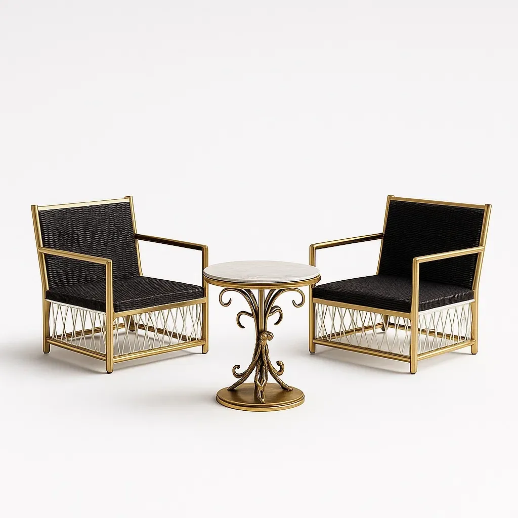 Set tavolo e sedie da terrazza con tavolino da caffè rotondo e poltrone con braccioli-granddecora