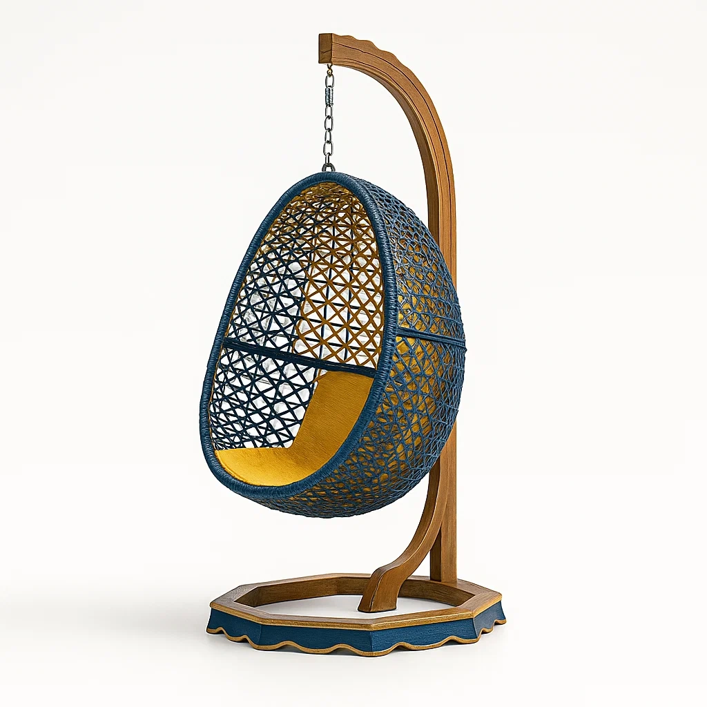 Sedia a uovo da terrazza in legno e rattan con cuscino-granddecora