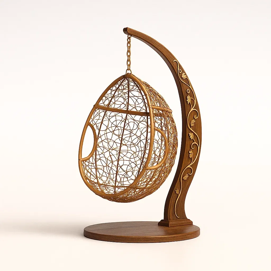 Sedia a uovo da terrazza in rattan con supporto in legno-granddecora