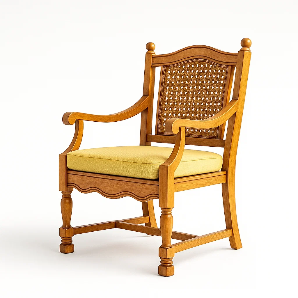 Poltrona da terrazza in legno con seduta imbottita e schienale in rattan-granddecora