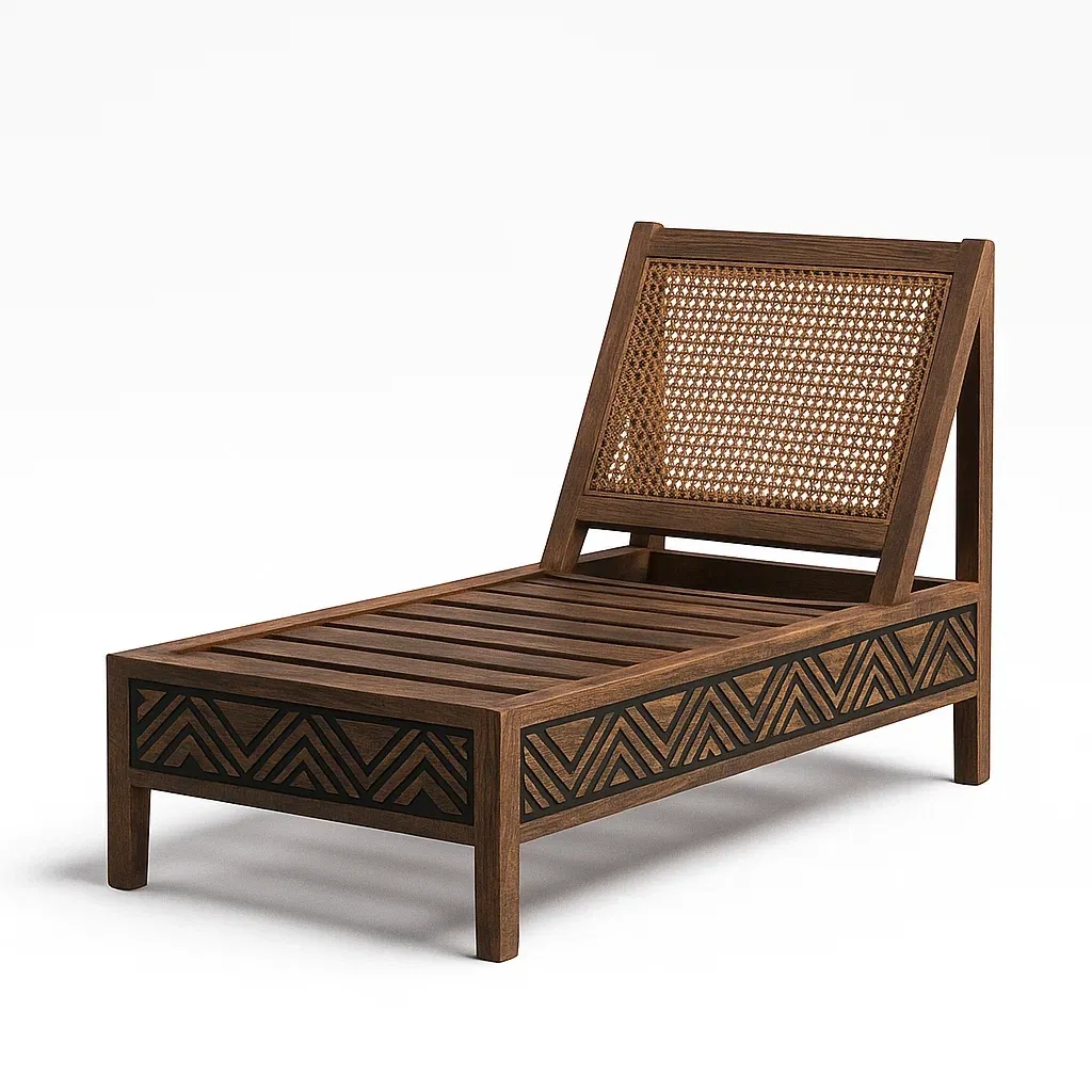 Lettino prendisole in legno e rattan con decorazioni-granddecora