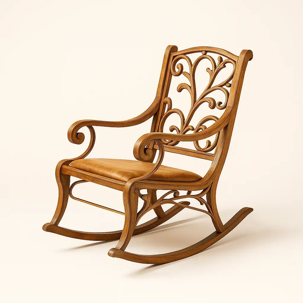 Sedia a dondolo da terrazza in legno con rivestimento in pelle PU-granddecora