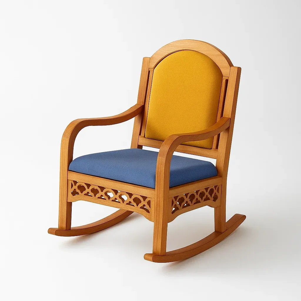 Sedia a dondolo da terrazza in legno con schienale in tessuto e seduta imbottita-granddecora