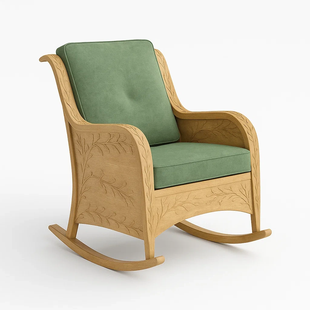 Sedia a dondolo da terrazza in legno intagliato con cuscini in poliestere-granddecora