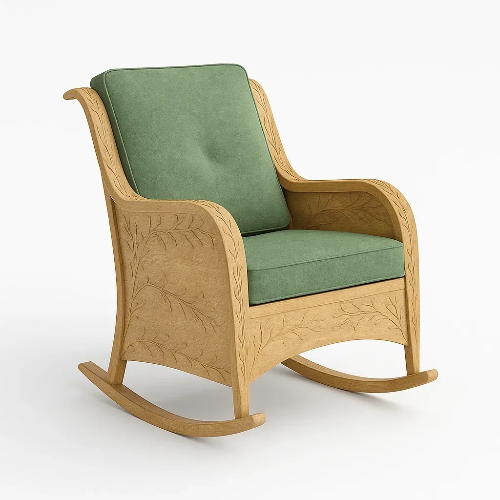 Sedia a dondolo da terrazza in legno intagliato con cuscini in poliestere-granddecora