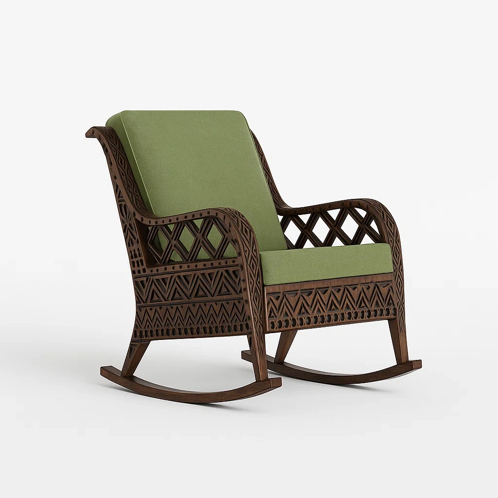 Sedia a dondolo da terrazza in legno intagliato con cuscino-granddecora