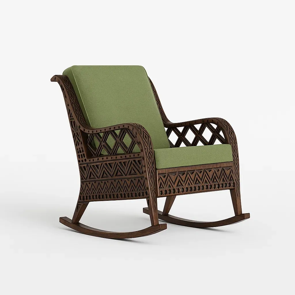 Sedia a dondolo da terrazza in legno intagliato con cuscino-granddecora