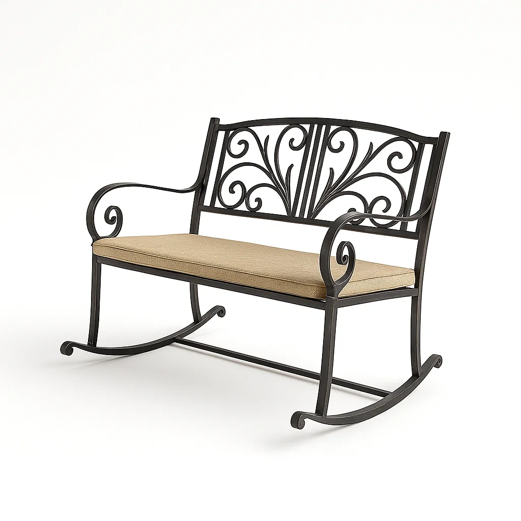 Sedia a dondolo da terrazza per due persone in ferro battuto con cuscino in poliestere-granddecora