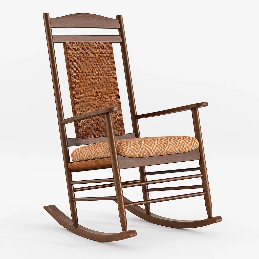 Sedia a dondolo da terrazza in legno con schienale in rattan e seduta in poliestere-granddecora