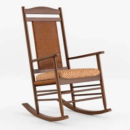 Sedia a dondolo da terrazza in legno con schienale in rattan e seduta in poliestere-granddecora