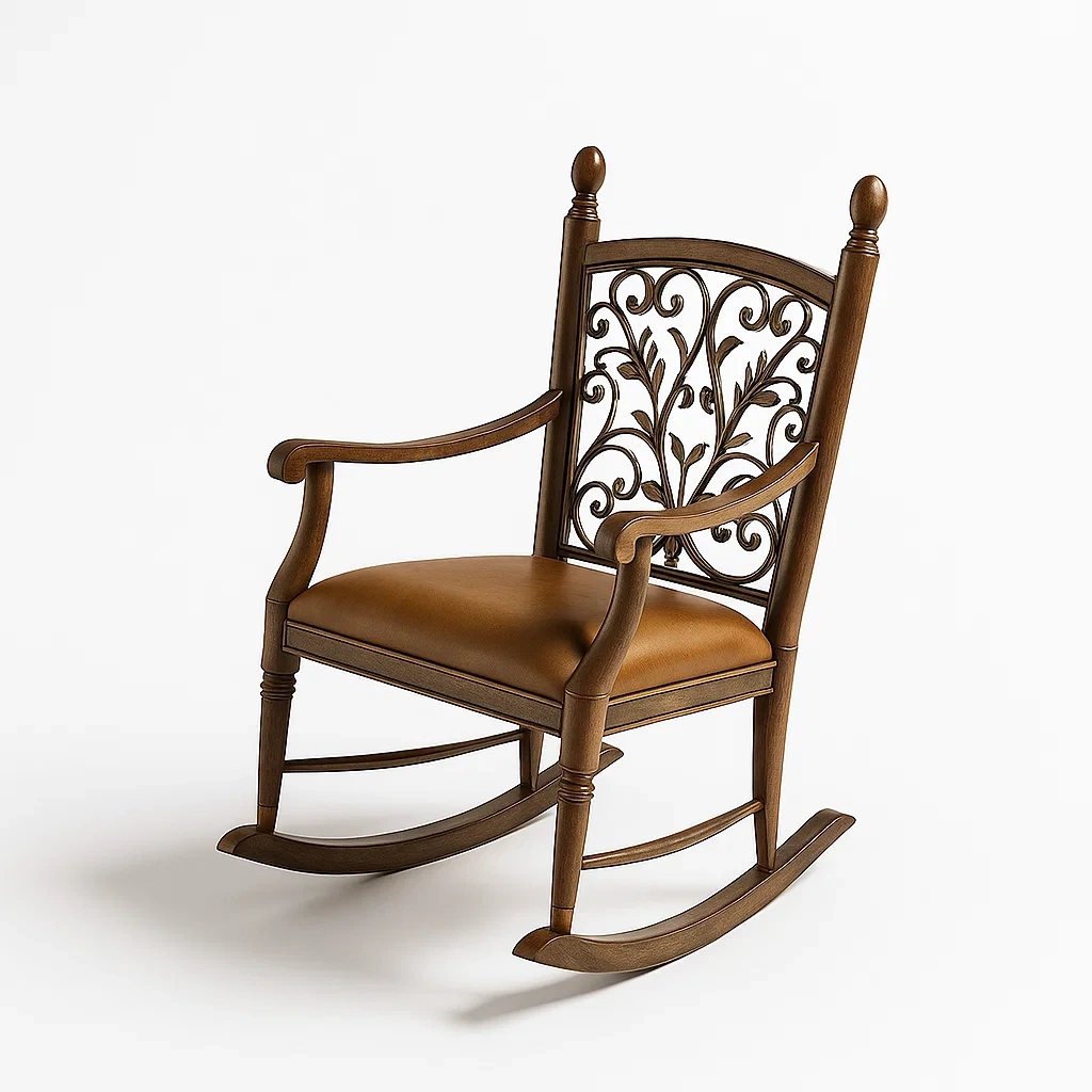 Sedia a dondolo da terrazza in legno con seduta in similpelle poliuretanica-granddecora