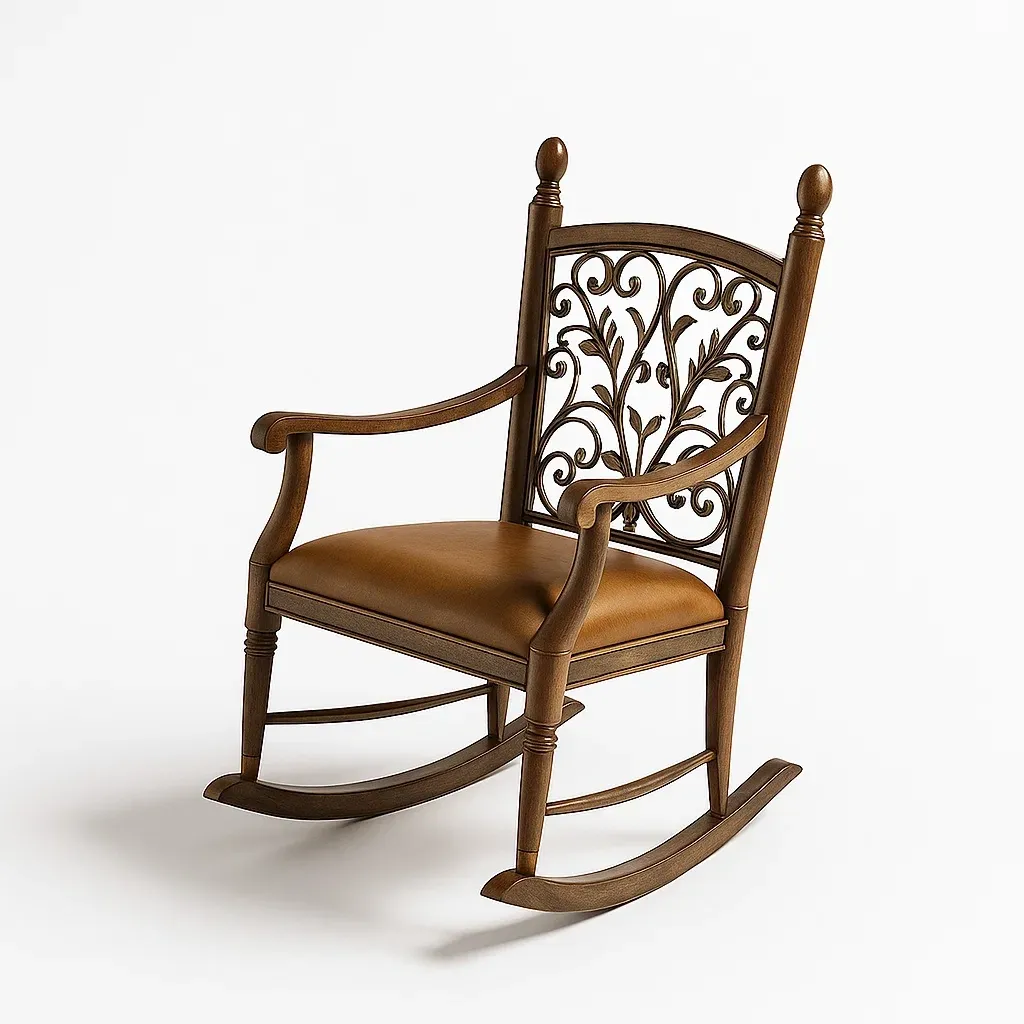 Sedia a dondolo da terrazza in legno con seduta in similpelle poliuretanica-granddecora