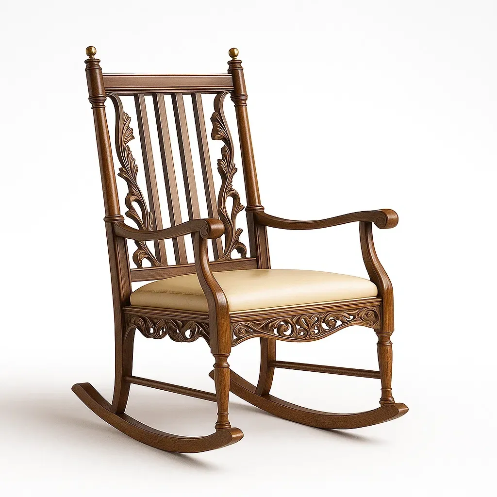 Sedia a dondolo da terrazza in legno intagliato con seduta imbottita-granddecora