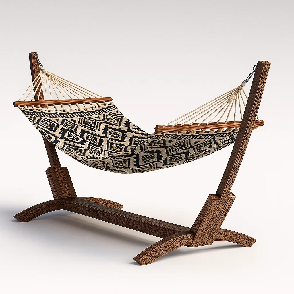 Amaca da terrazza in cotone con supporto in legno intagliato,200x150x100 cm-granddecora