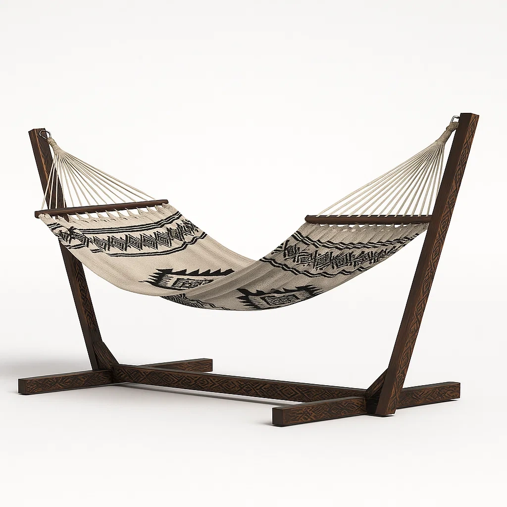 Amaca da terrazza in cotone con supporto in legno intagliato-granddecora