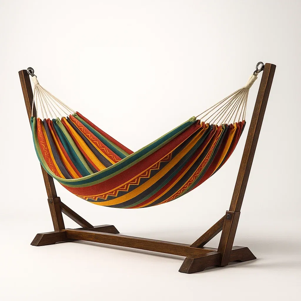 Amaca da terrazza in tela di cotone con supporto in legno-granddecora