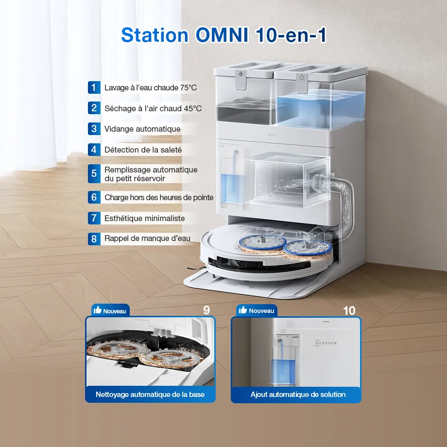 ECOVACS DEEBOT T50 PRO OMNI Gen2 Aspirateur Robot Laveur Blanc LiDAR (Puissant, IA, Ultra-Fin)