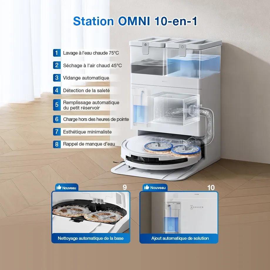 ECOVACS DEEBOT T50 PRO OMNI Gen2 Aspirateur Robot Laveur Blanc LiDAR (Puissant, IA, Ultra-Fin)
