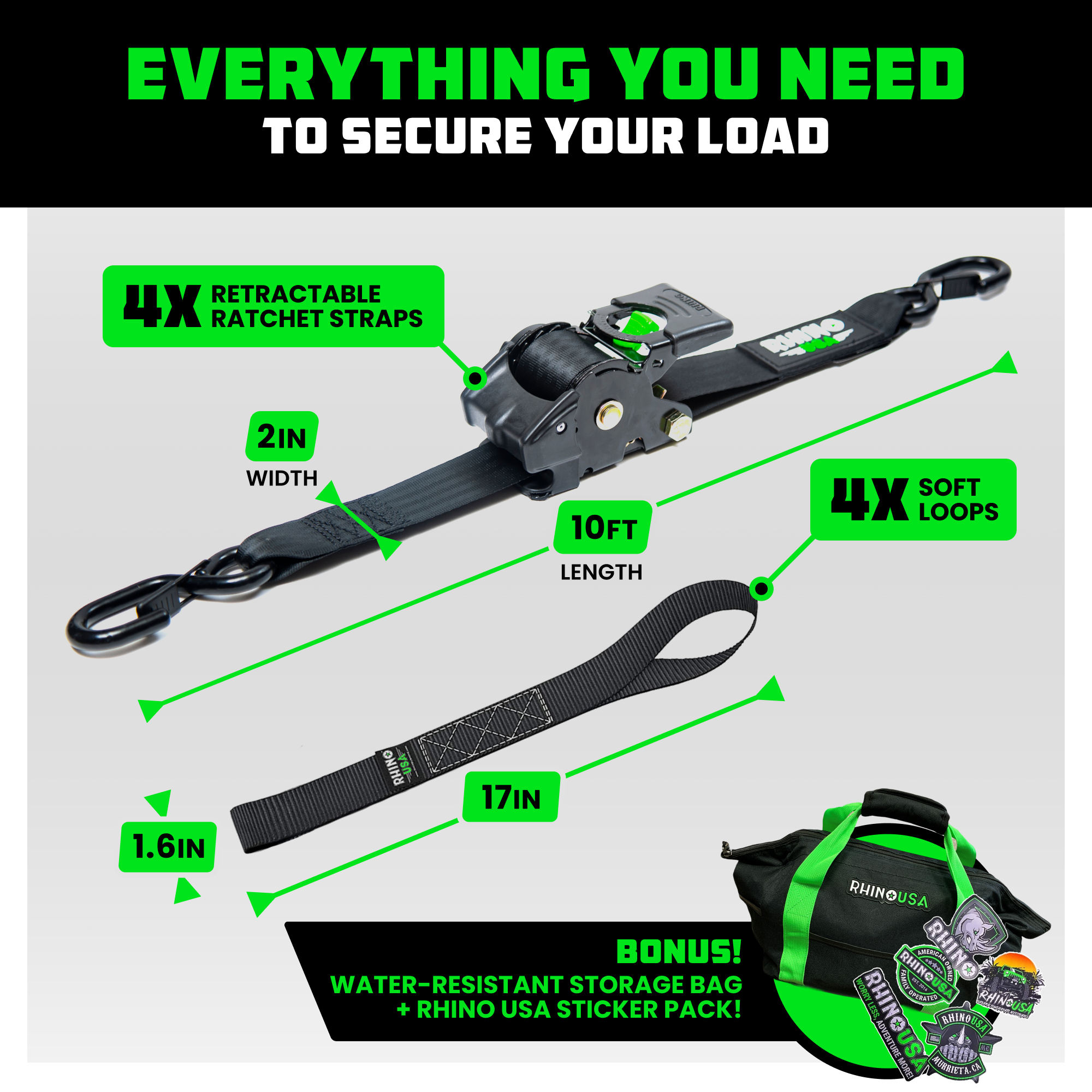 2" x 10' Retractable Ratchet Straps