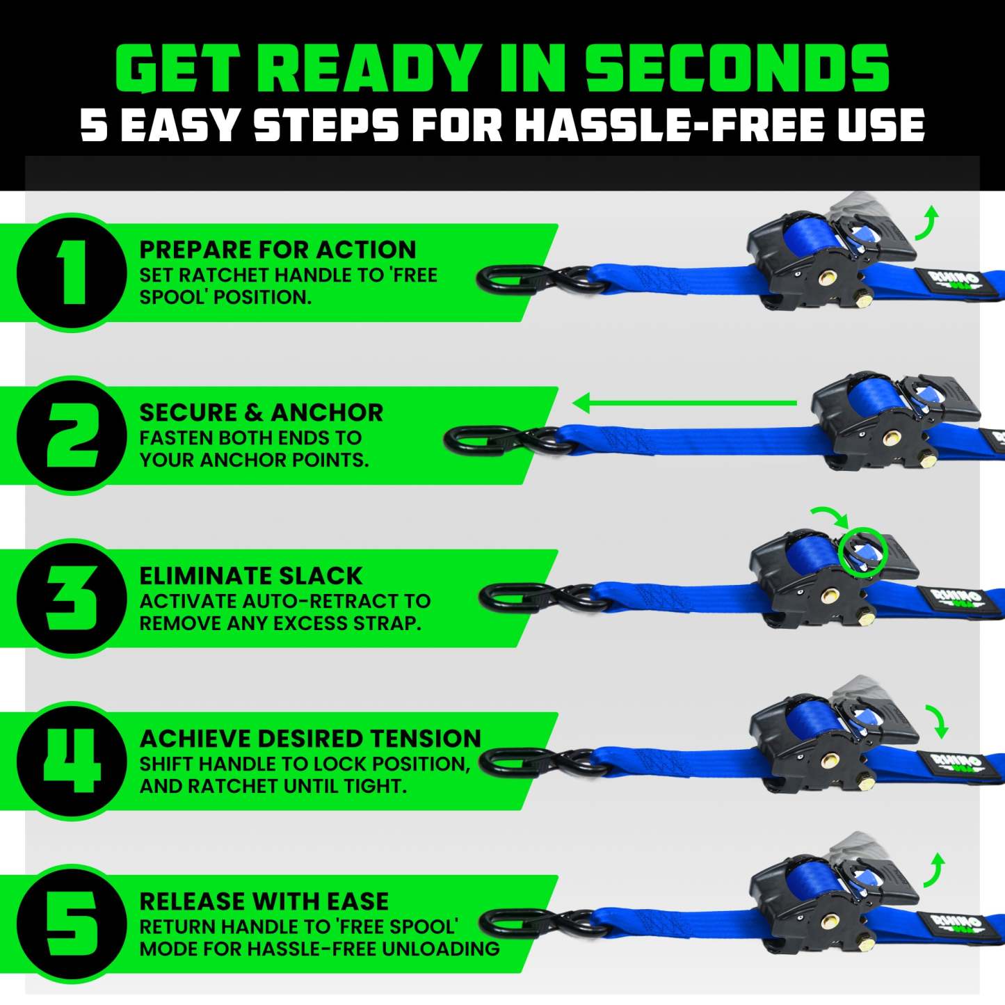 2" x 10' Retractable Ratchet Straps