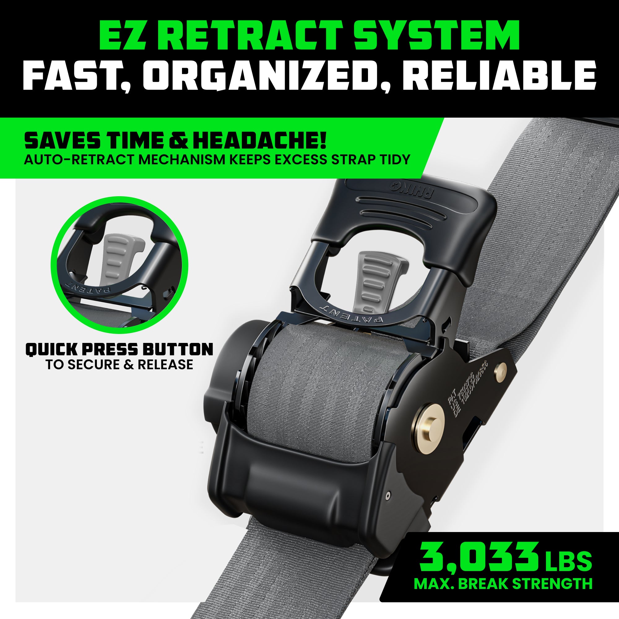 2" x 10' Retractable Ratchet Straps