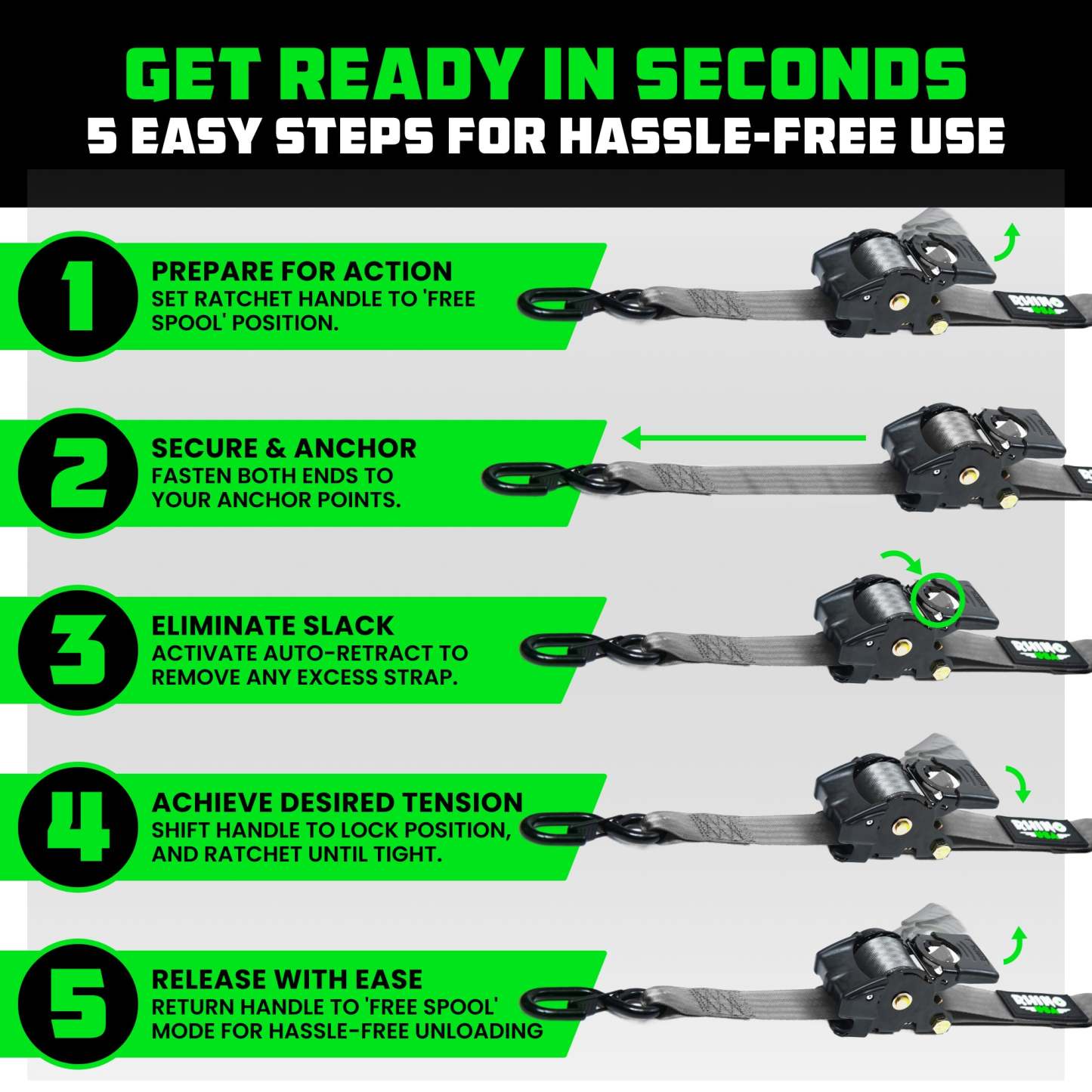 2" x 10' Retractable Ratchet Straps