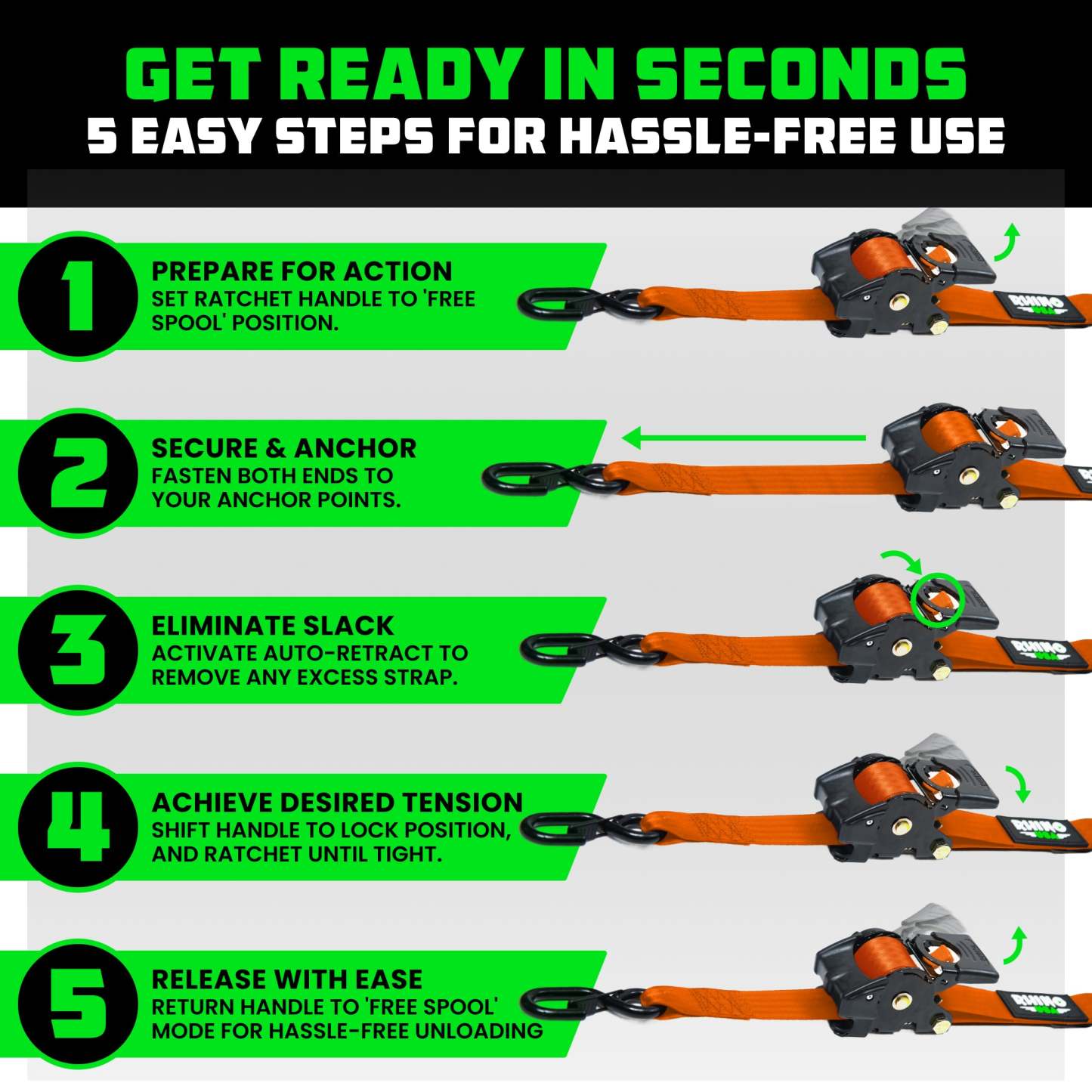 2" x 10' Retractable Ratchet Straps