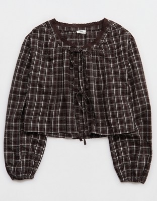 Aerie Seersucker Long Sleeve Volume Tie Top - Deep Earth