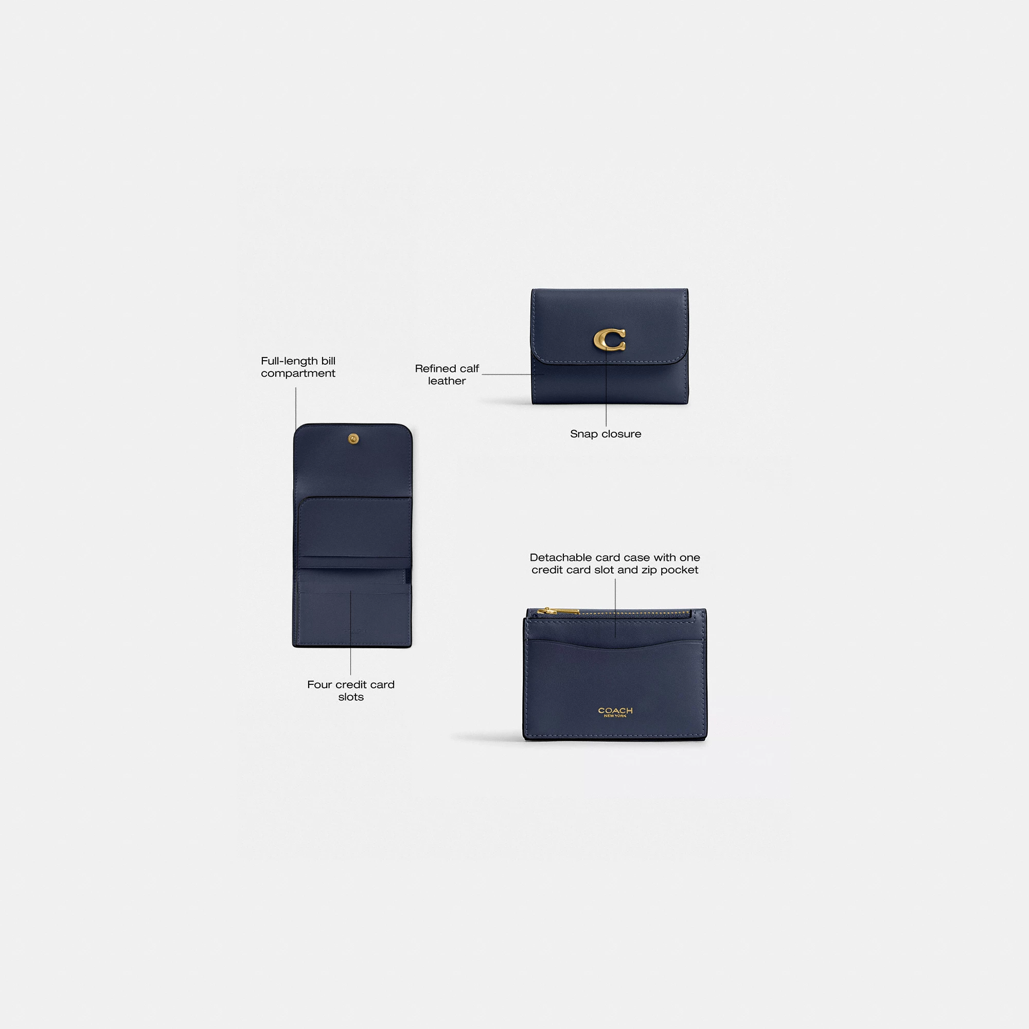 COACH®,Essential Card Holder Wallet,Leather,Calfskin Leather,Card Case,Bi Fold,Logo,Metal,Casual,Navy